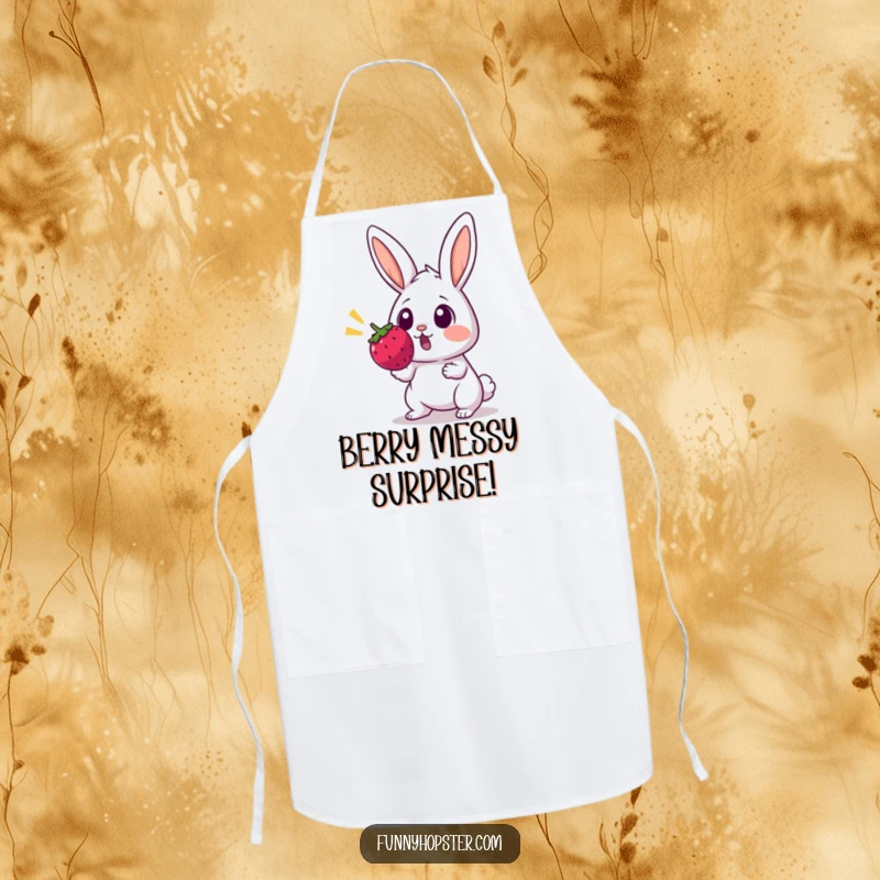 Funny apron with a rabbit, eyes wide, looking shocked at a bouncing berry, great for kitchen use.