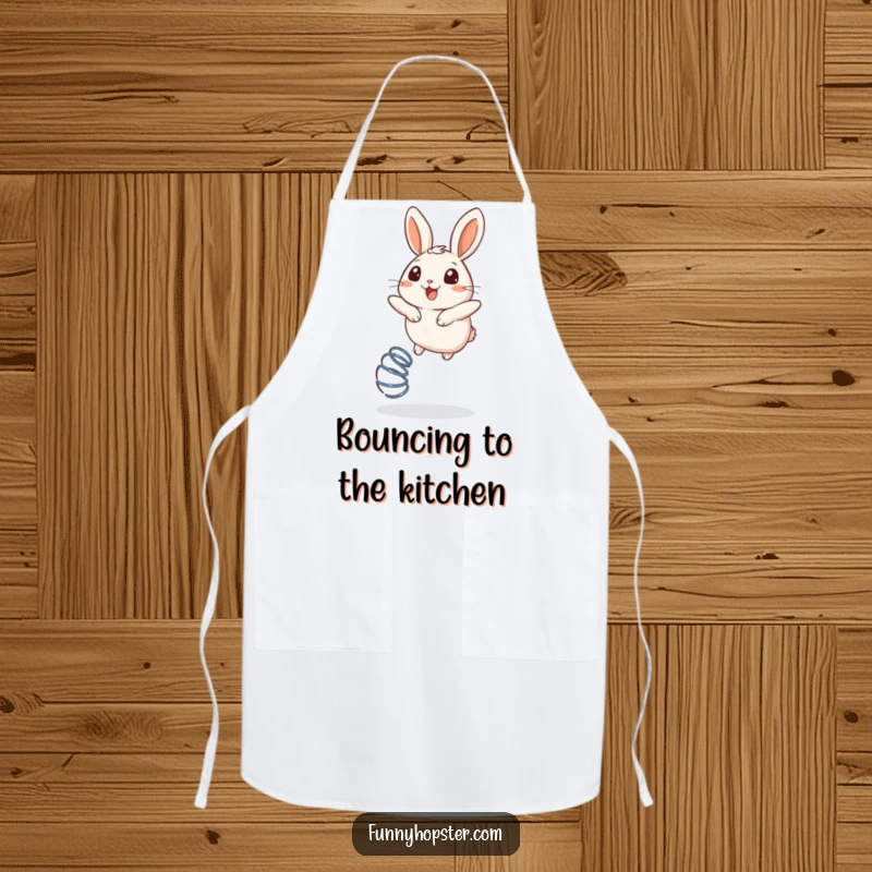 Funny apron depicting a round rabbit bouncing with pure delight on a spring, ready to cook.