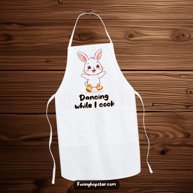 Funny apron depicting a smiling rabbit in miniature boots, performing a cheerful, energetic dance while cooking.