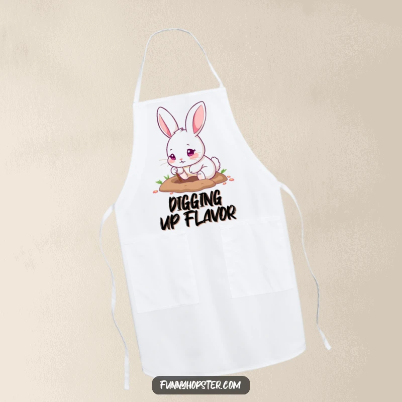 Funny apron with a cute pink-eyed rabbit digging a hole with tiny paws, ready for garden adventures and messy fun.