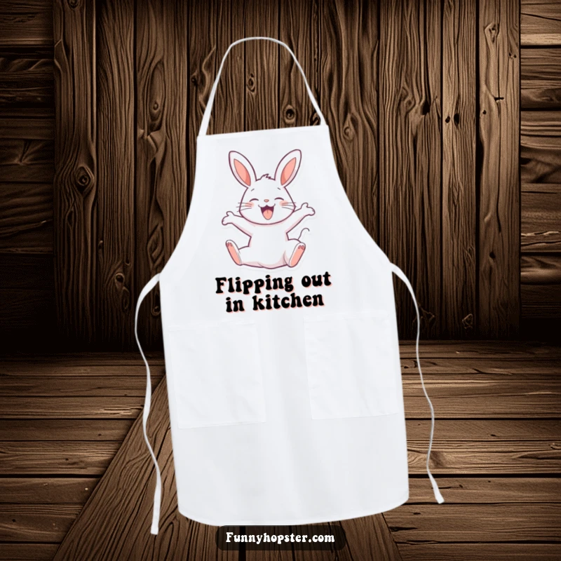 Funny apron depicting a joyful rabbit character performing a happy backflip, ideal for cooks who love to express excitement.