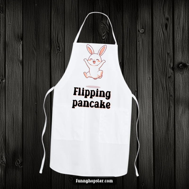 Funny apron depicting a rabbit in a joyful somersault with its legs up, designed for kitchen fun and protection.