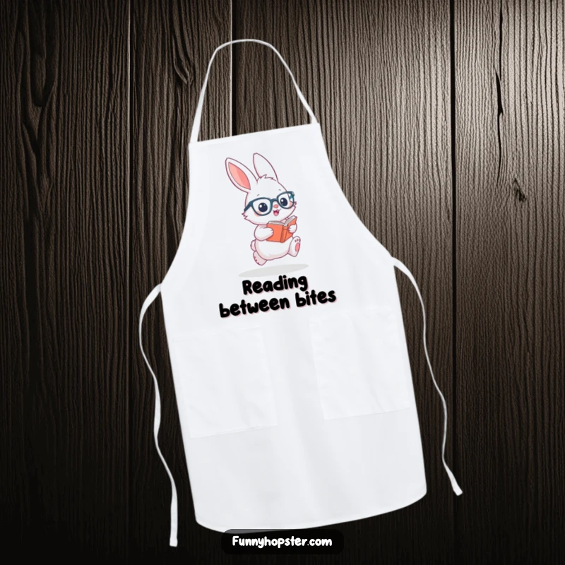 Funny apron with a fluffy, bespectacled rabbit hopping with a book, ready for kitchen adventures and humorous culinary feats.