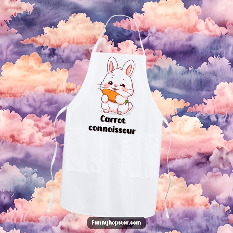 Funny apron showing a rabbit with twitching whiskers, happily munching a carrot, perfect for lighthearted kitchen activities.