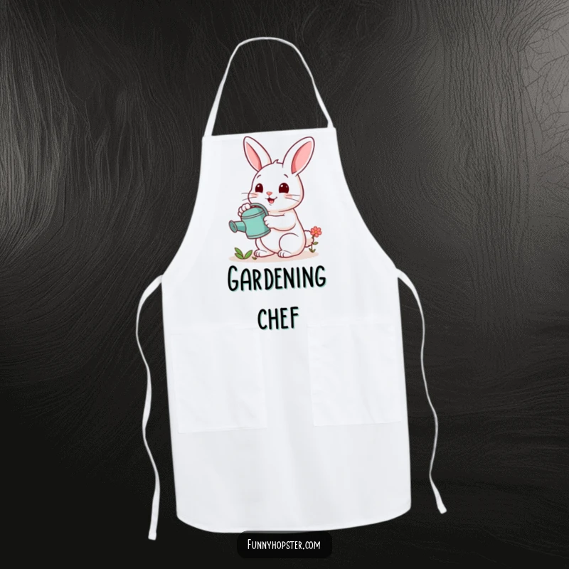 Funny apron showing a cheerful rabbit holding a watering can and tending to a small flower, designed for kitchen fun.