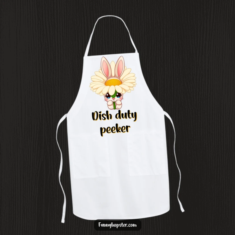Funny apron showcasing a rabbit with curious eyes peeking from behind a large daisy, designed for fun kitchen activities.