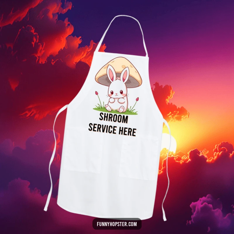 Funny kawaii rabbit apron showing a cute bunny peeking curiously from behind a large mushroom, ready to add magic to meals.