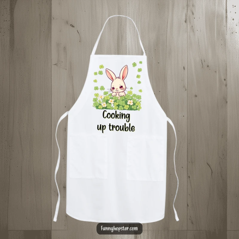 Funny apron featuring a mischievous rabbit hiding in clover, designed for kitchen use with a touch of playful humor.