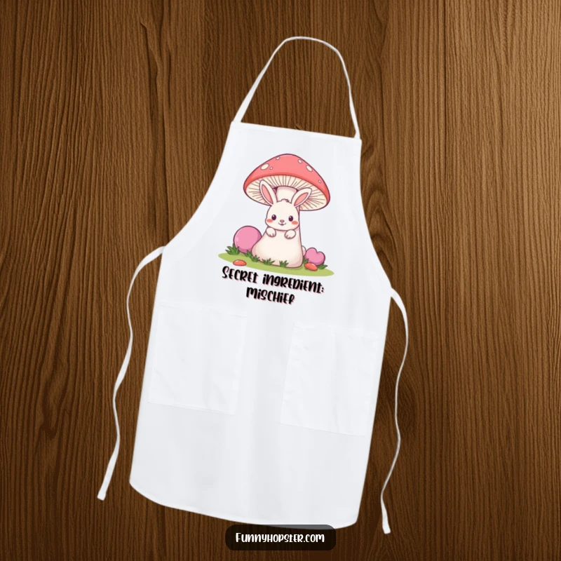 Funny apron with a mischievous rabbit peeking from behind a giant mushroom, great for kitchen playfulness.