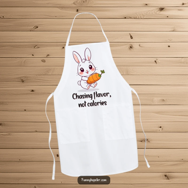 Funny apron depicting a playful rabbit character chasing a bouncing carrot, perfect for kitchen fun and active cooks.