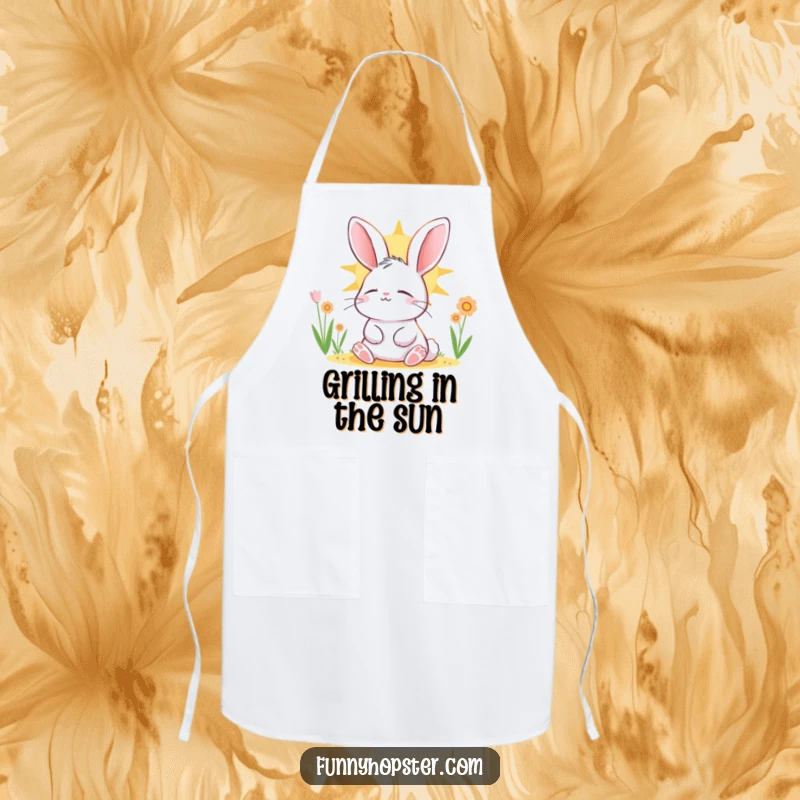 Funny rabbit character basking in the sun, eyes closed in contentment, printed on a high-quality apron.