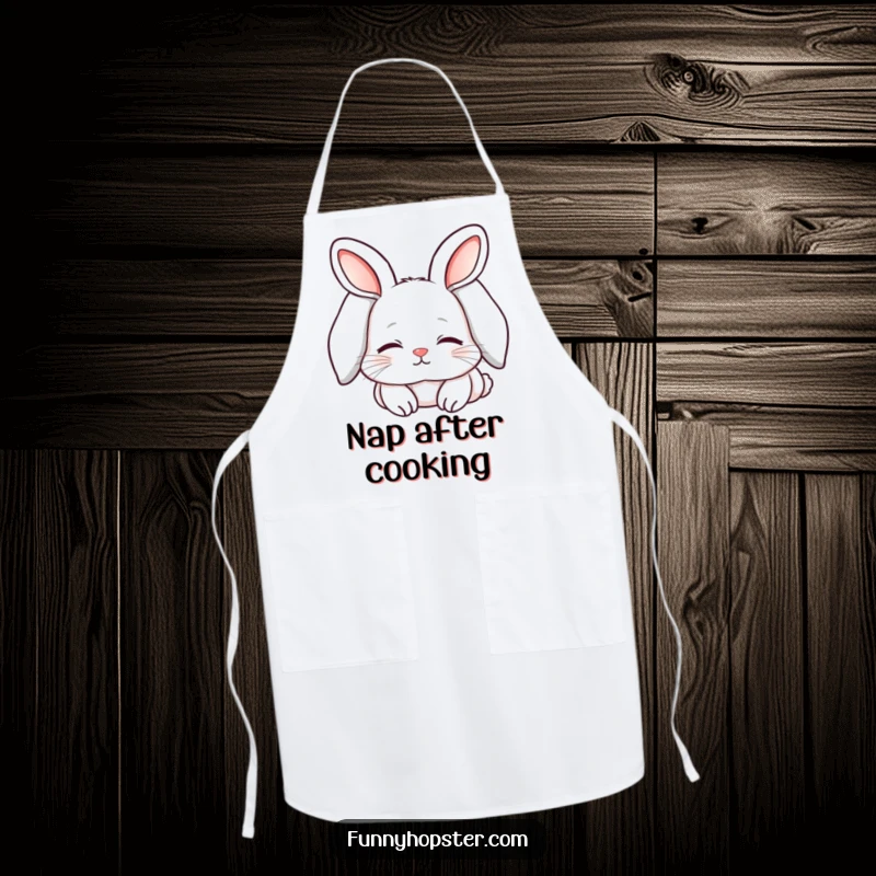 Funny apron depicting a kawaii rabbit with long, flopped ears, looking sleepy and content, perfect for relaxed cooking.