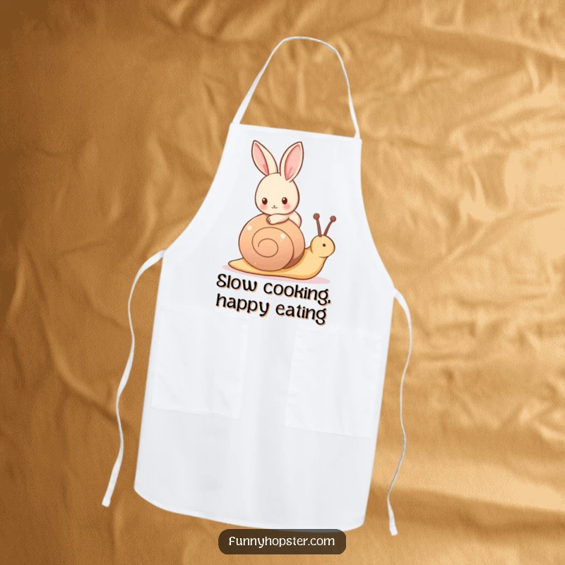 Funny apron depicting a tiny rabbit happily riding on the back of a friendly, slow-moving snail while cooking.