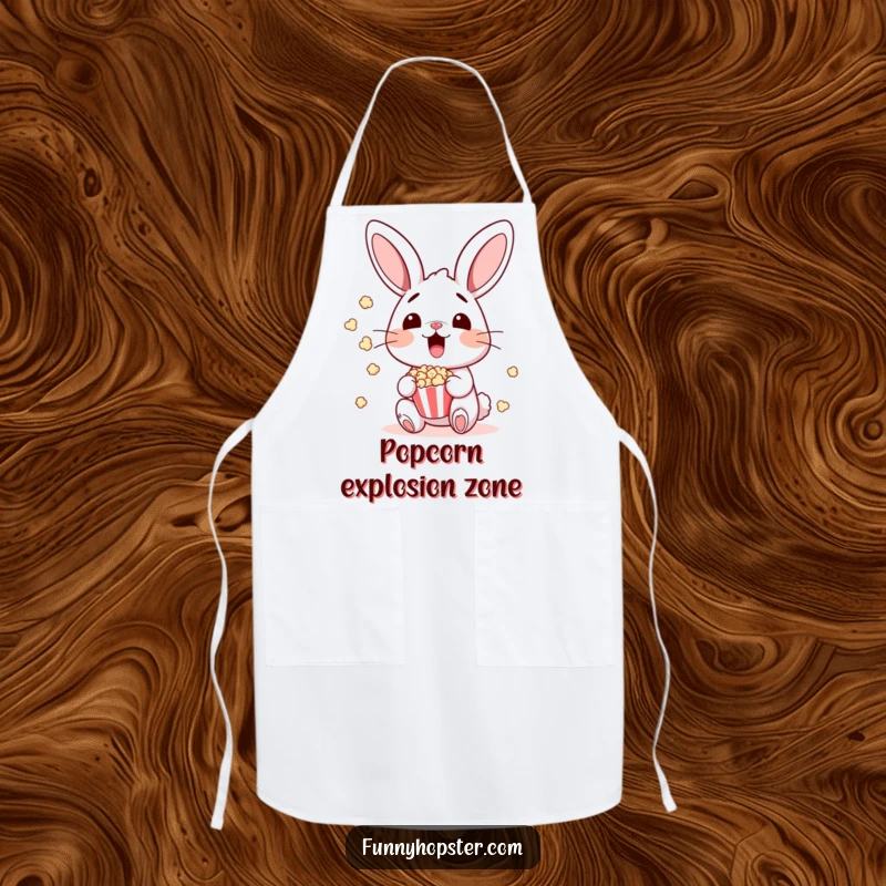 Funny bunny with a surprised expression and popcorn flying around it, perfect for a funny apron.
