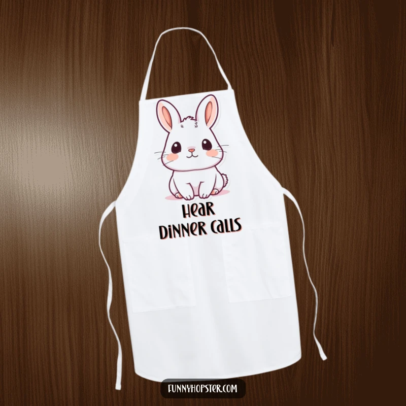 Funny kawaii rabbit apron showing a cute bunny with ears perked up, listening intently, ready to follow instructions perfectly.