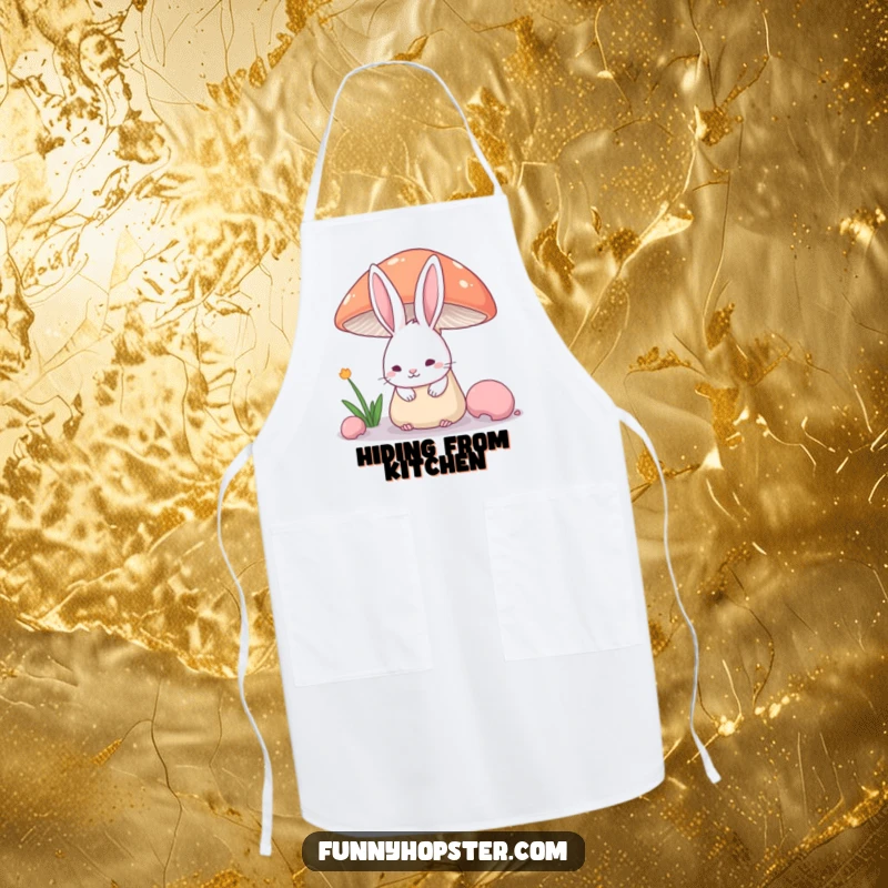 Funny Apron with a shy rabbit's ears above a mushroom, perfect for kitchen tasks with a hint of humor.