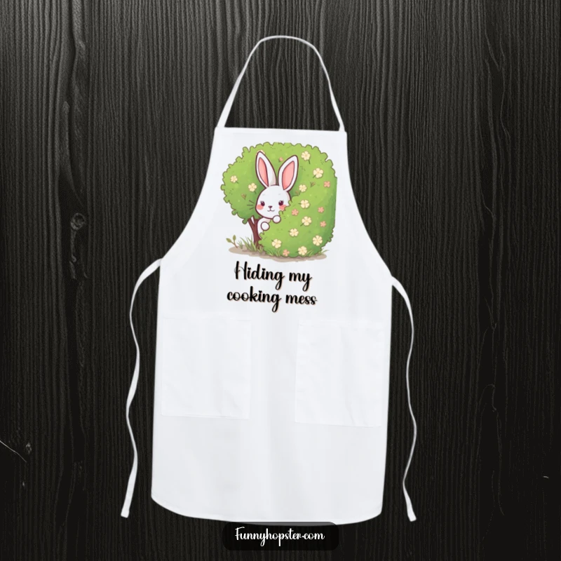 Funny Rabbit Apron: A kitchen apron decorated with a rabbit peeking from behind a bush, blending culinary tasks with playful hide-and-seek fun.