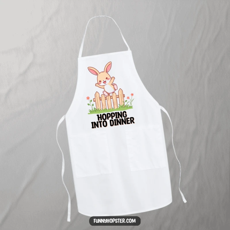 Funny rabbit character leaping with pure delight over a small garden fence, printed on a high-quality apron.