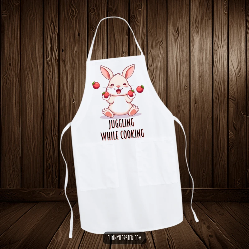 Funny apron depicting a happy rabbit skillfully juggling three small, shiny berries with its paws while cooking.