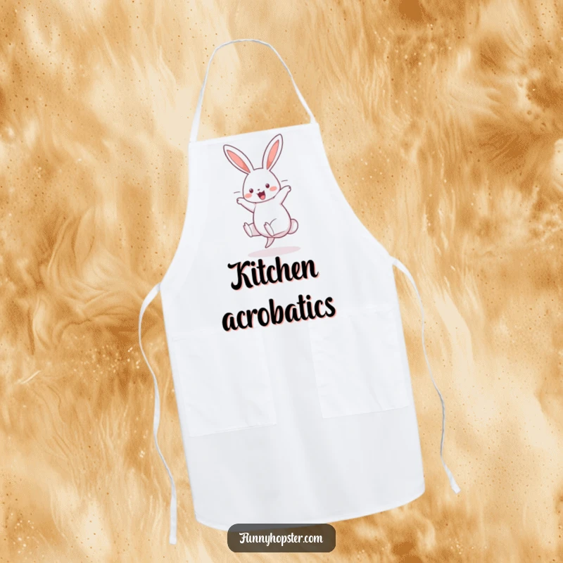 Funny apron with a cheerful rabbit doing a cartwheel, ears flying, perfect for a playful and active kitchen experience.