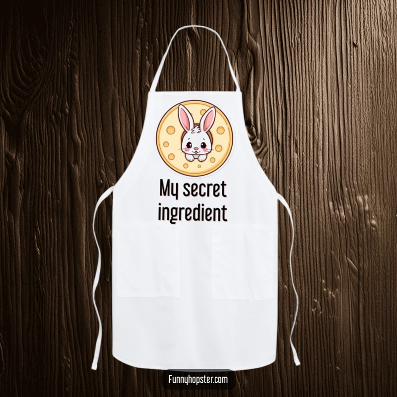 Funny apron showing a mischievous rabbit hiding inside a wheel of cheese, playfully peeking out.