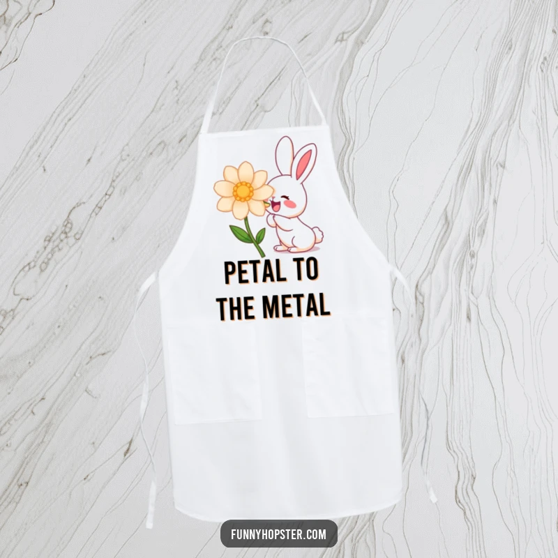 Funny kawaii rabbit character joyfully sniffing a giant flower while cooking, ideal for a funny apron.