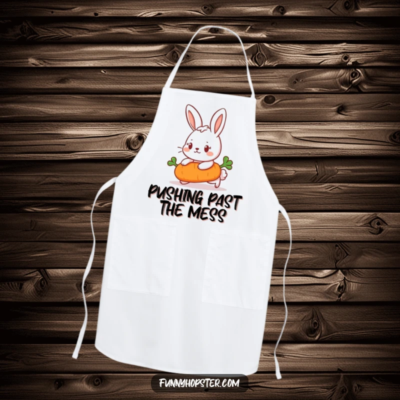 Funny Apron with a determined rabbit pushing a carrot, bringing a humorous and driven attitude to kitchen tasks.
