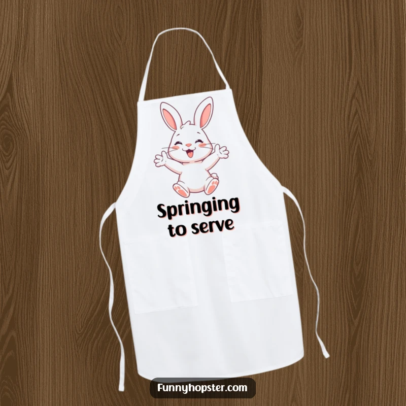 Funny apron featuring a happy rabbit with paws outstretched, ready to spring, designed for kitchen use with energetic humor.