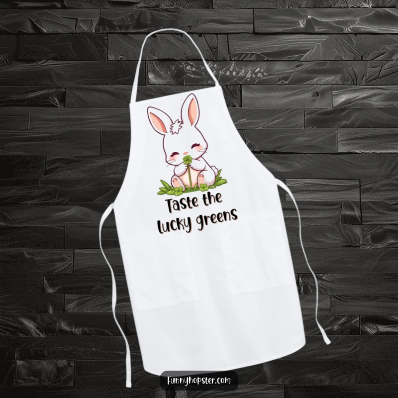 Funny Rabbit Apron: A kitchen apron decorated with a rabbit enjoying a clover, blending culinary fun with nature's gentle blessings.