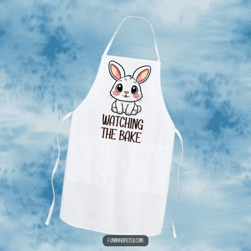 Funny apron showcasing a rabbit character with large, wide, curious eyes, perfect for the observant cook.