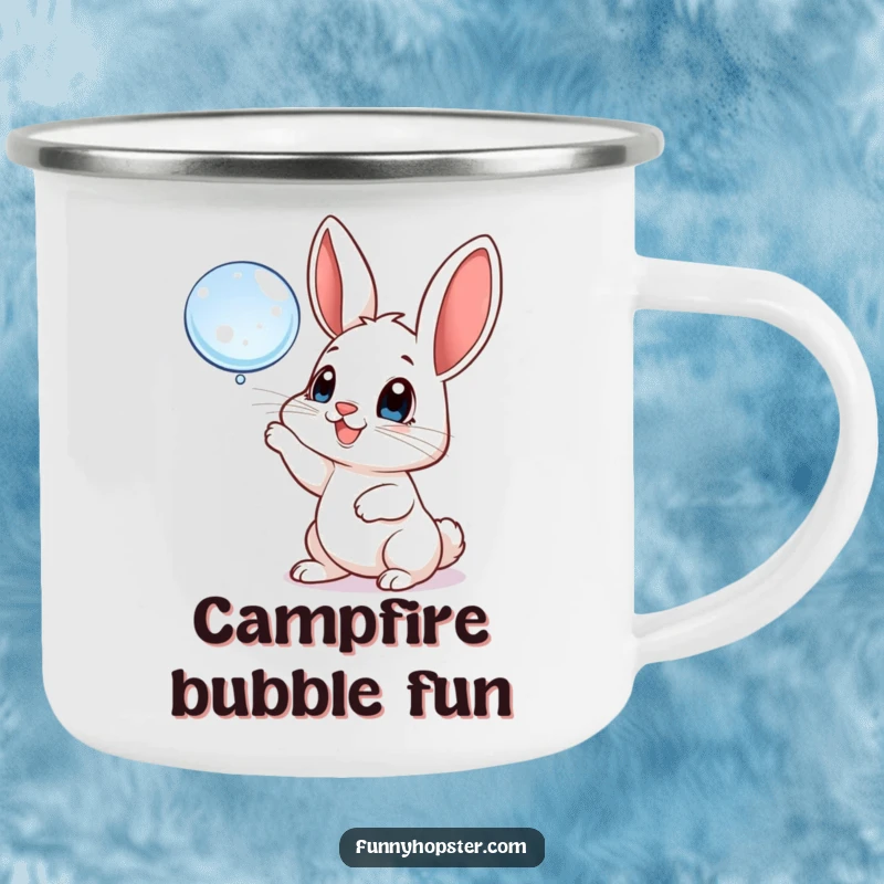 Funny camping mug with a playful rabbit batting at a floating bubble, perfect for outdoor enjoyment and bubbly cheer.