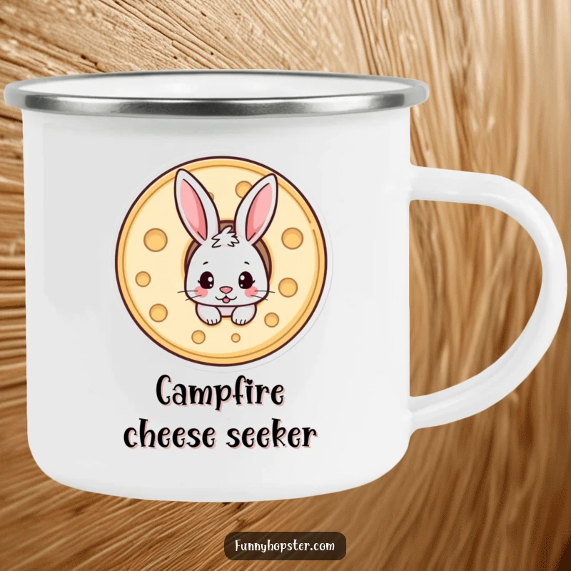 Funny camping mug with a mischievous rabbit peeking out from a hole in a wheel of cheese, ready for adventure.