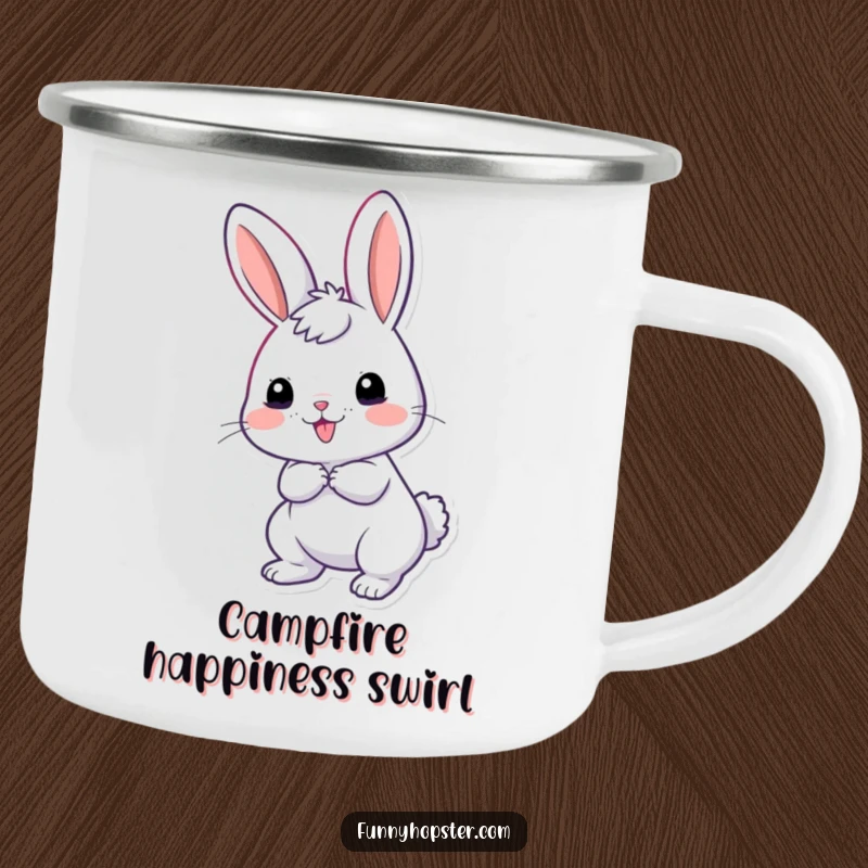 Funny camping mug featuring a giddy rabbit with its tail wiggling excitedly, designed for outdoor adventures with cheerful humor.
