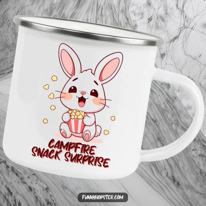 Funny bunny surprised by flying popcorn, designed for a camping mug, perfect for outdoor funny gift.