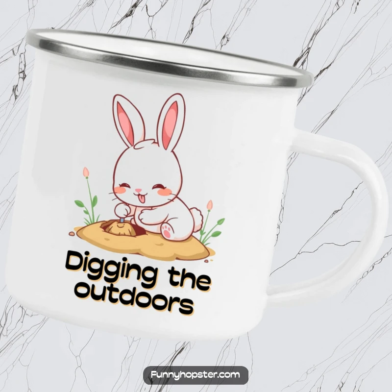 Funny kawaii rabbit camping mug showing a cute bunny digging with great passion, ready for outdoor adventures.