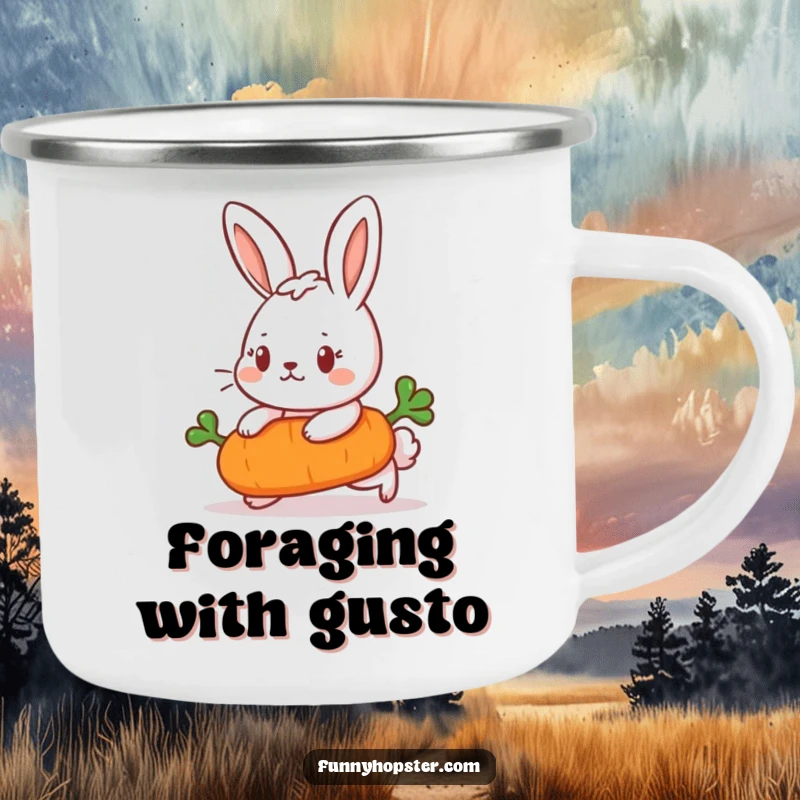Funny Camping Mug showing a determined rabbit pushing a carrot, perfect for outdoor motivation and humorous resilience.