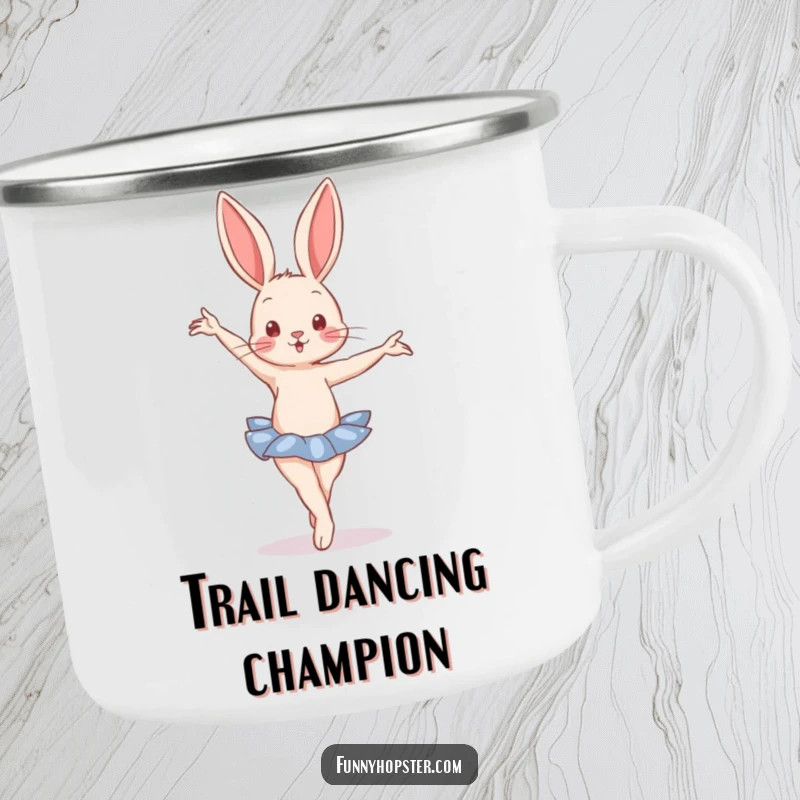 Funny Camping Mug showing a rabbit in a ballet pose, perfect for enjoying the outdoors with grace and humor.