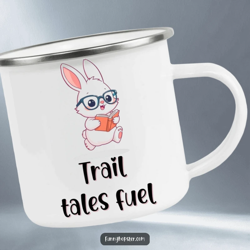 Funny camping mug with a fluffy rabbit in glasses hopping with a book, ready for outdoor reading and campfire stories.