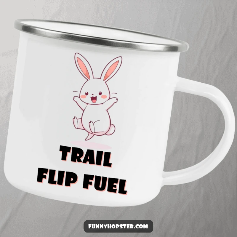 Funny camping mug with a cheerful rabbit doing a cartwheel, ears flying, perfect for outdoor adventures and lively spirits.