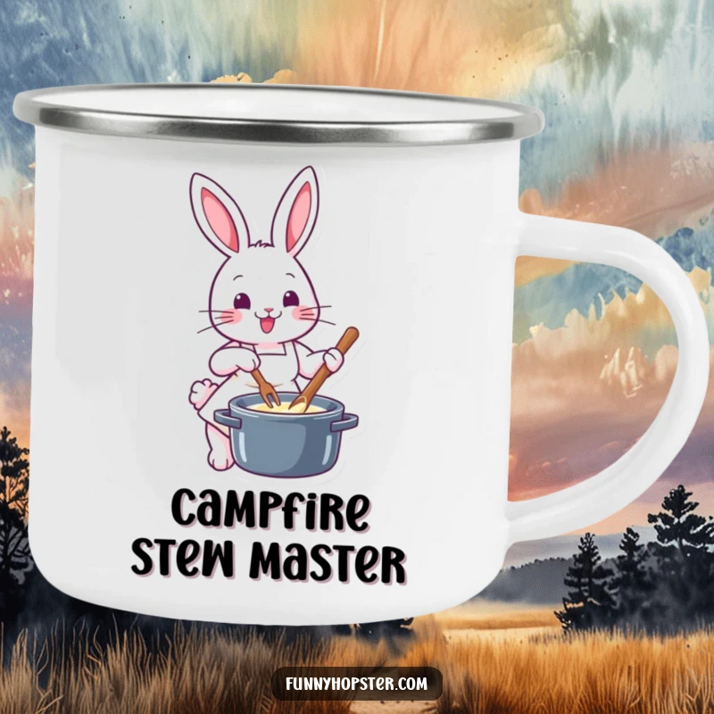 Funny chef rabbit in a tiny apron, stirring a pot, designed on a sturdy camping mug for outdoor enthusiasts and food lovers.