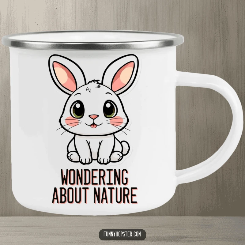 Funny camping mug featuring a rabbit character with big, curious eyes, ready for outdoor adventures.
