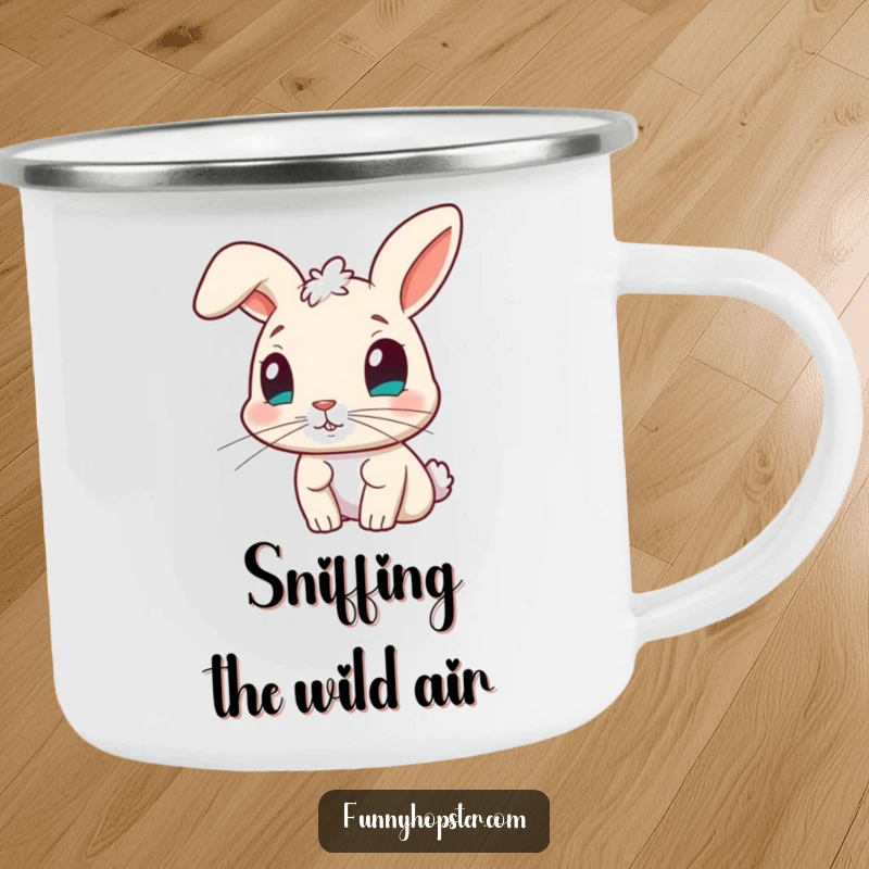 Funny camping mug showing a curious rabbit with its nose twitching, perfect for outdoor adventures and sparking humorous observations.