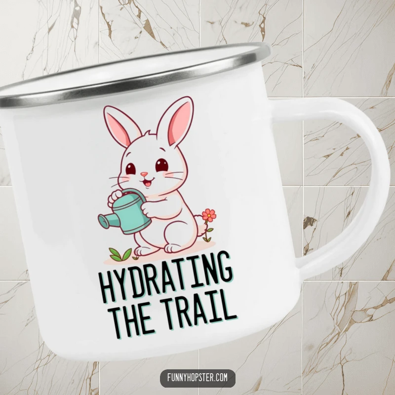 Funny camping mug featuring a cheerful rabbit watering a tiny flower, perfect for outdoor enjoyment and a nurturing vibe.