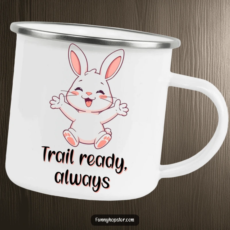 Funny camping mug featuring a happy rabbit with paws outstretched, ready to spring, designed for outdoor adventures with energetic humor.