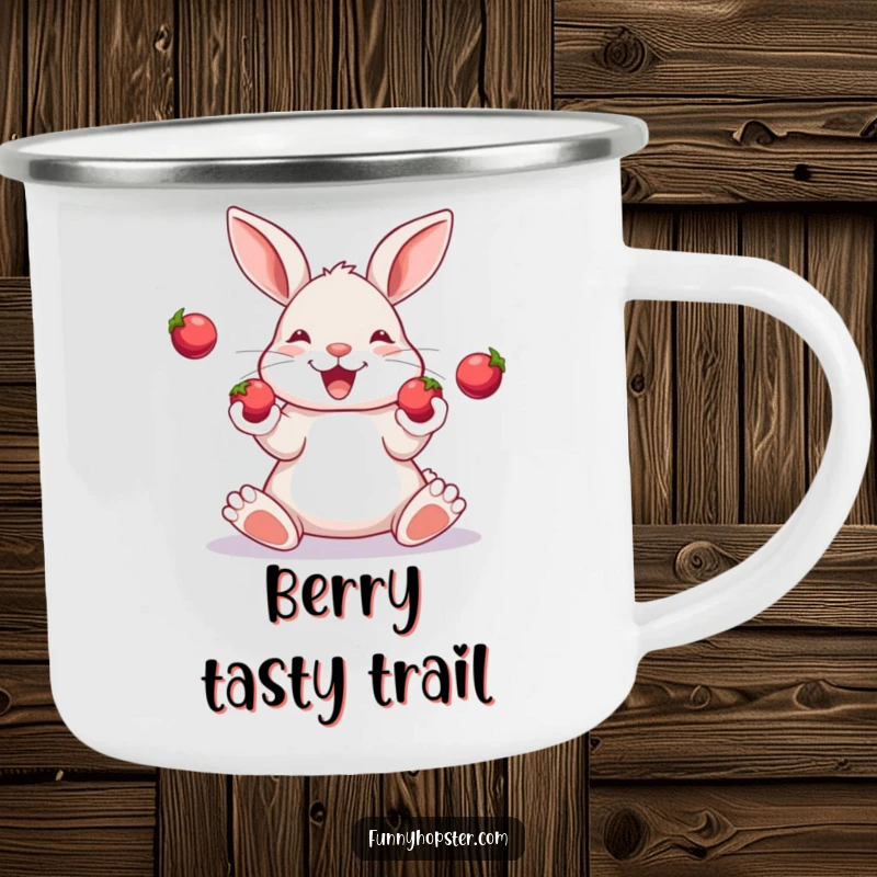 Funny camping mug showing a happy rabbit skillfully juggling three shiny berries with its paws in the wilderness.