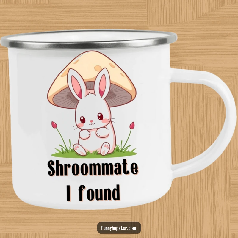 Funny kawaii rabbit camping mug showing a cute bunny peeking curiously from behind a mushroom, perfect for outdoor exploration.