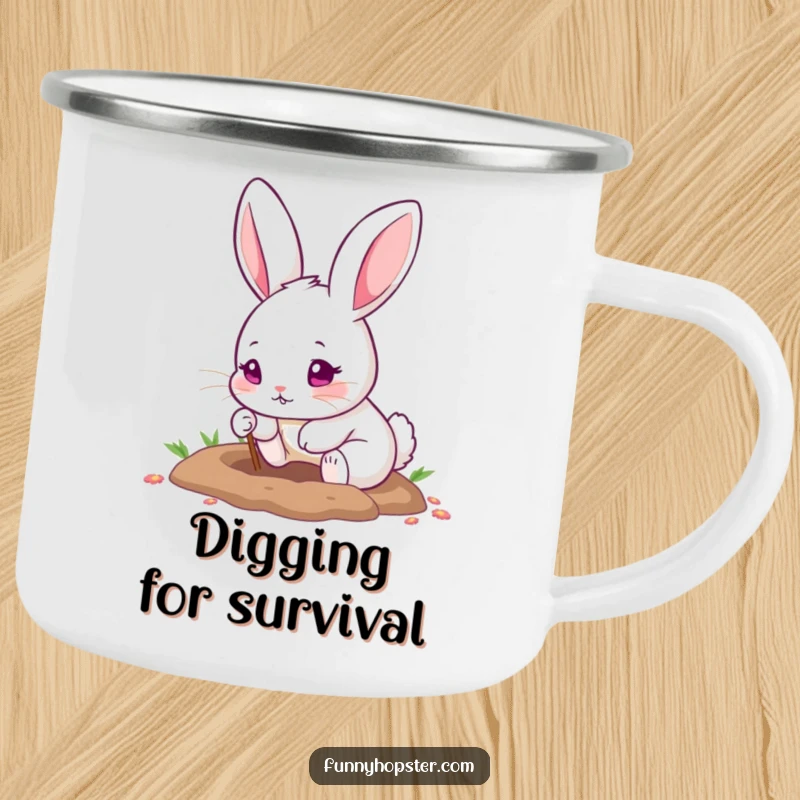 Funny camping mug showing a cute pink-eyed rabbit digging a hole with tiny paws, ready for outdoor exploration.