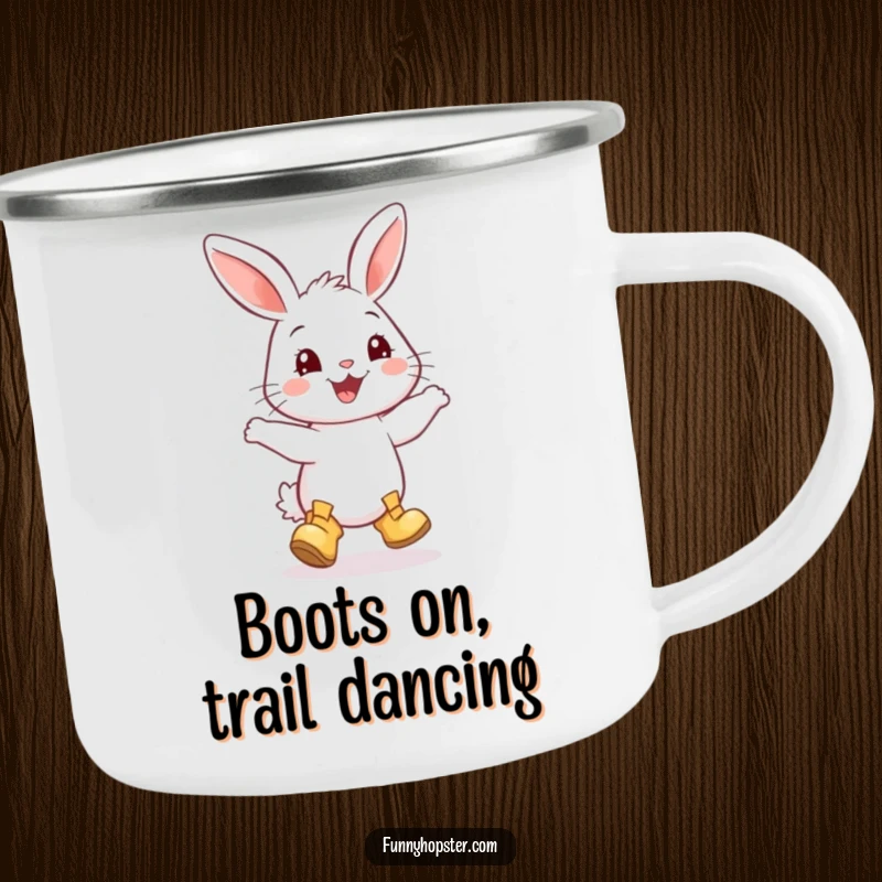 Funny camping mug showing a smiling rabbit in tiny boots, happily dancing during an outdoor adventure.
