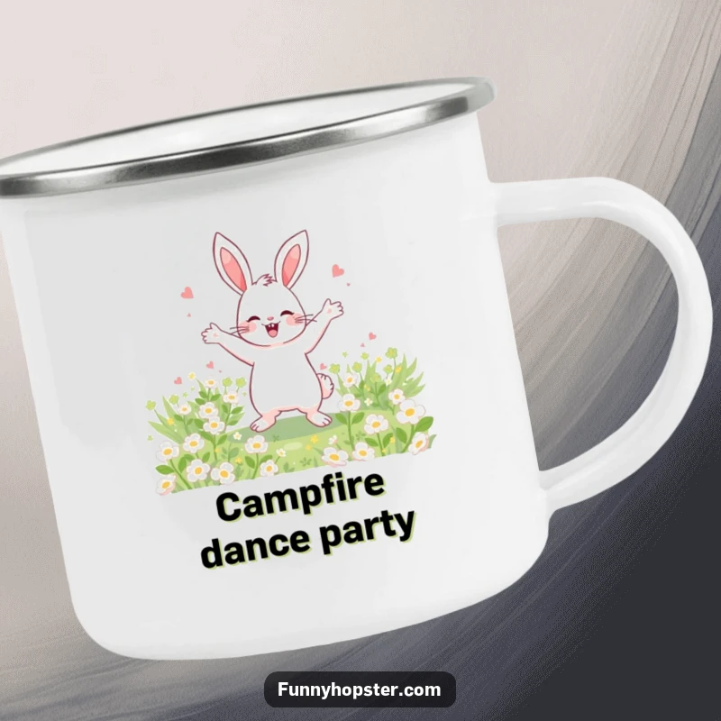 Funny Camping Mug showing a happy rabbit dancing in a clover field, perfect for joyful outdoor experiences.