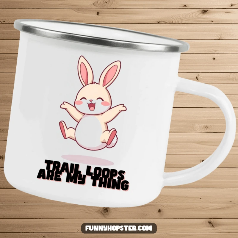 Funny Rabbit Camping Mug: A durable mug with a rabbit performing a lively cartwheel, designed for outdoor fun and cheerful sipping.